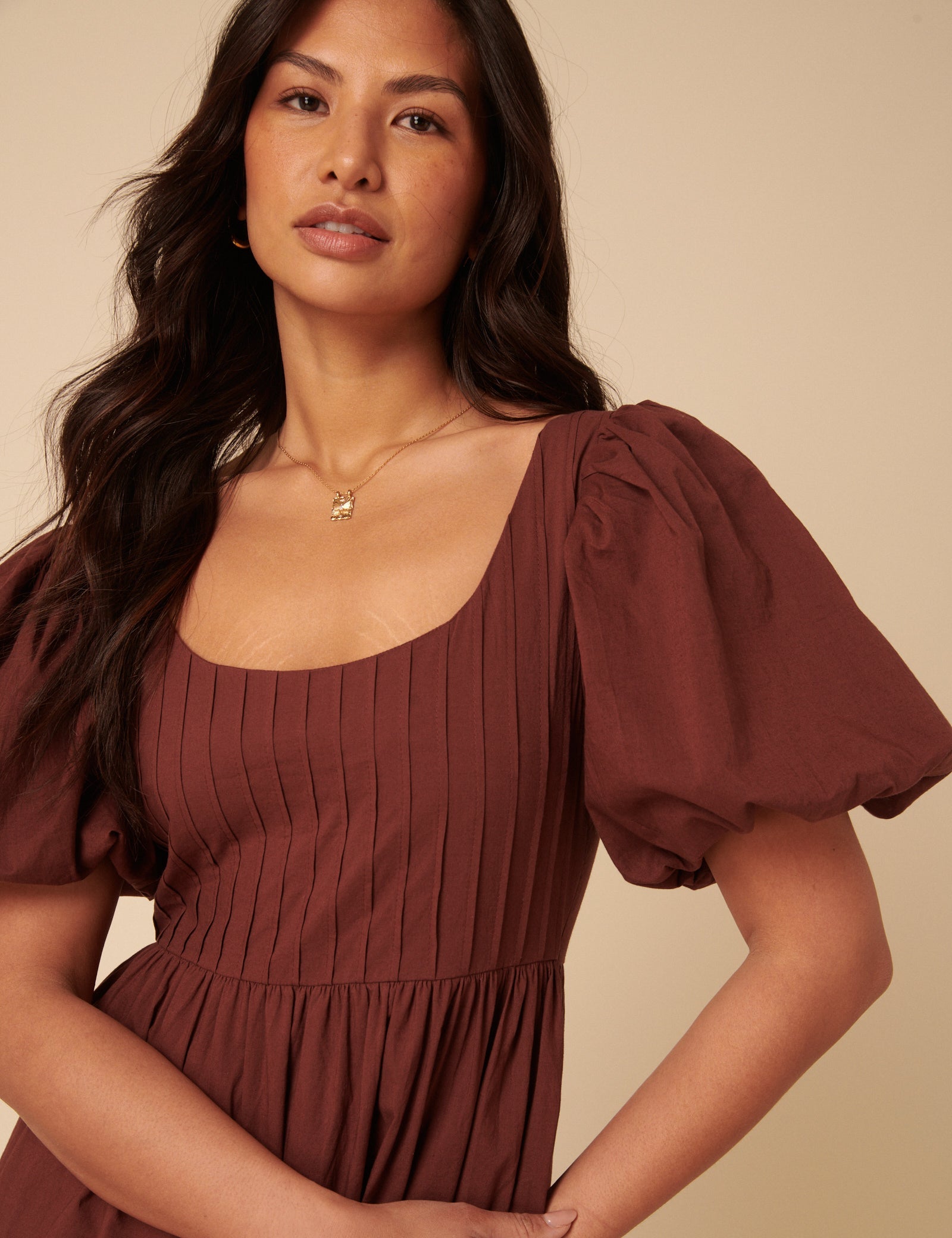 Brown Puff Sleeve Mimi Midi Dress