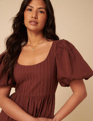 Brown Puff Sleeve Mimi Midi Dress