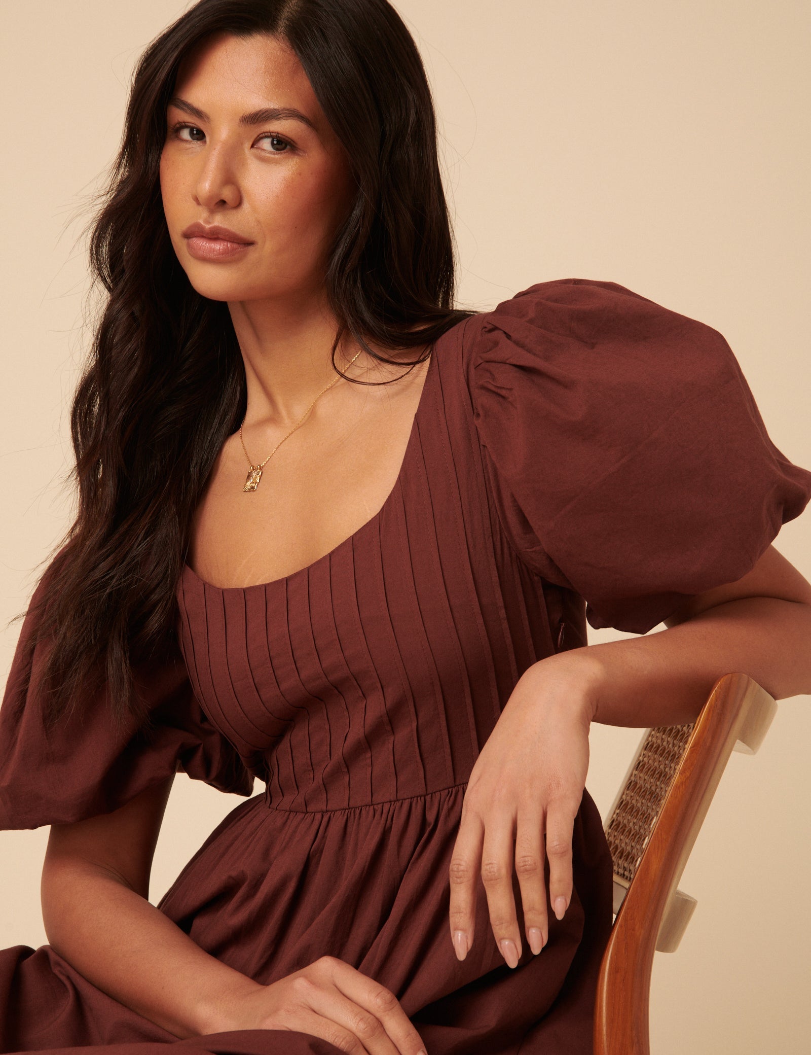 Brown Puff Sleeve Mimi Midi Dress