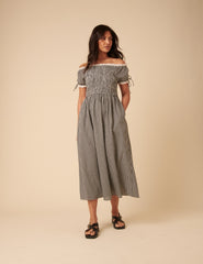 Black Gingham Bardot Adrianna Midi Dress