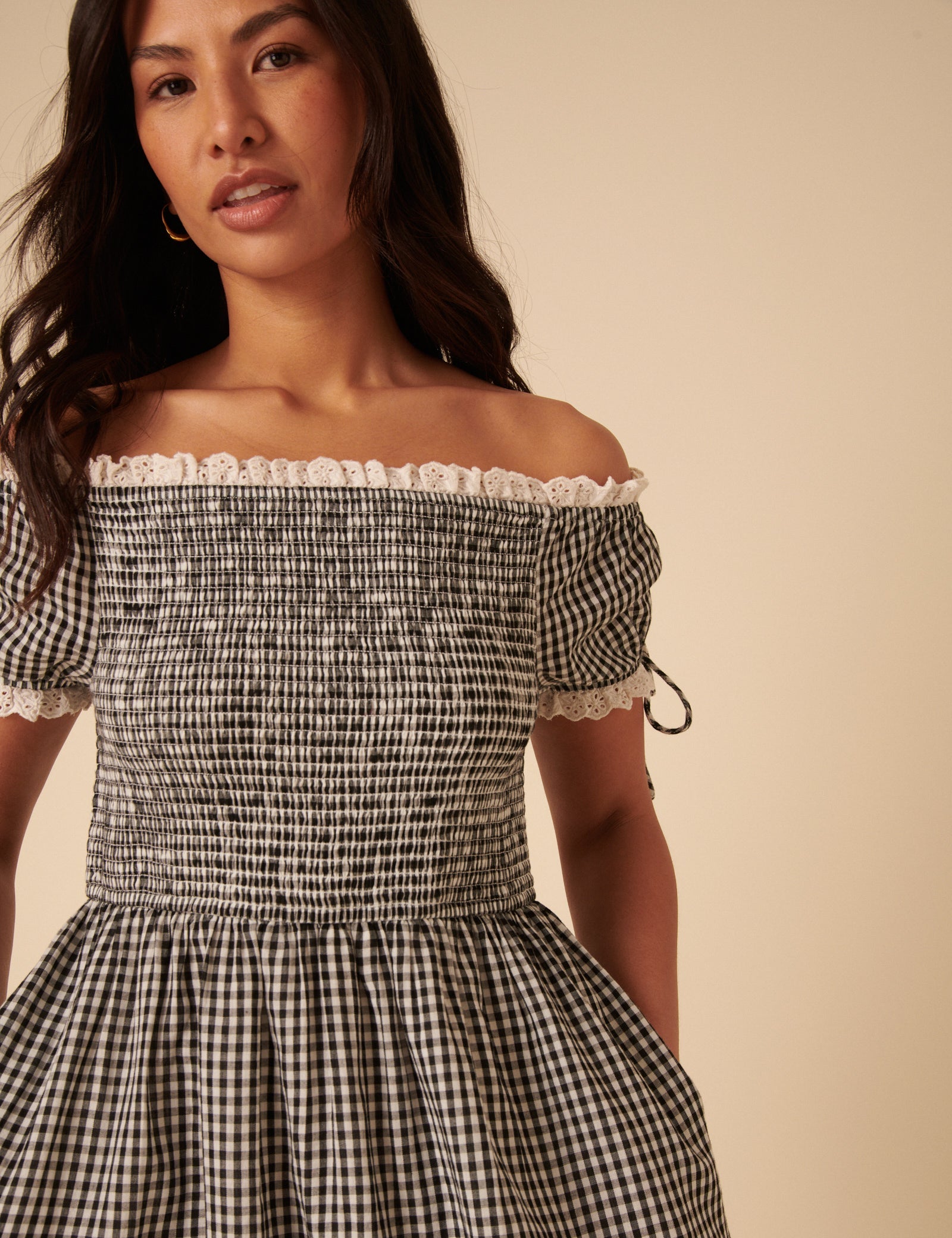 Black Gingham Bardot Adrianna Midi Dress