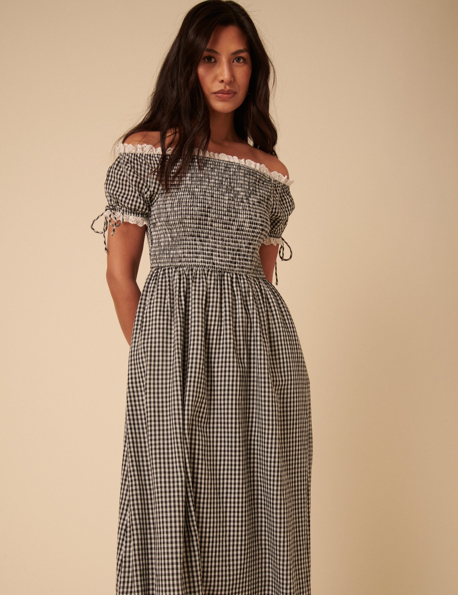 Black Gingham Bardot Adrianna Midi Dress