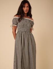 Black Gingham Bardot Adrianna Midi Dress