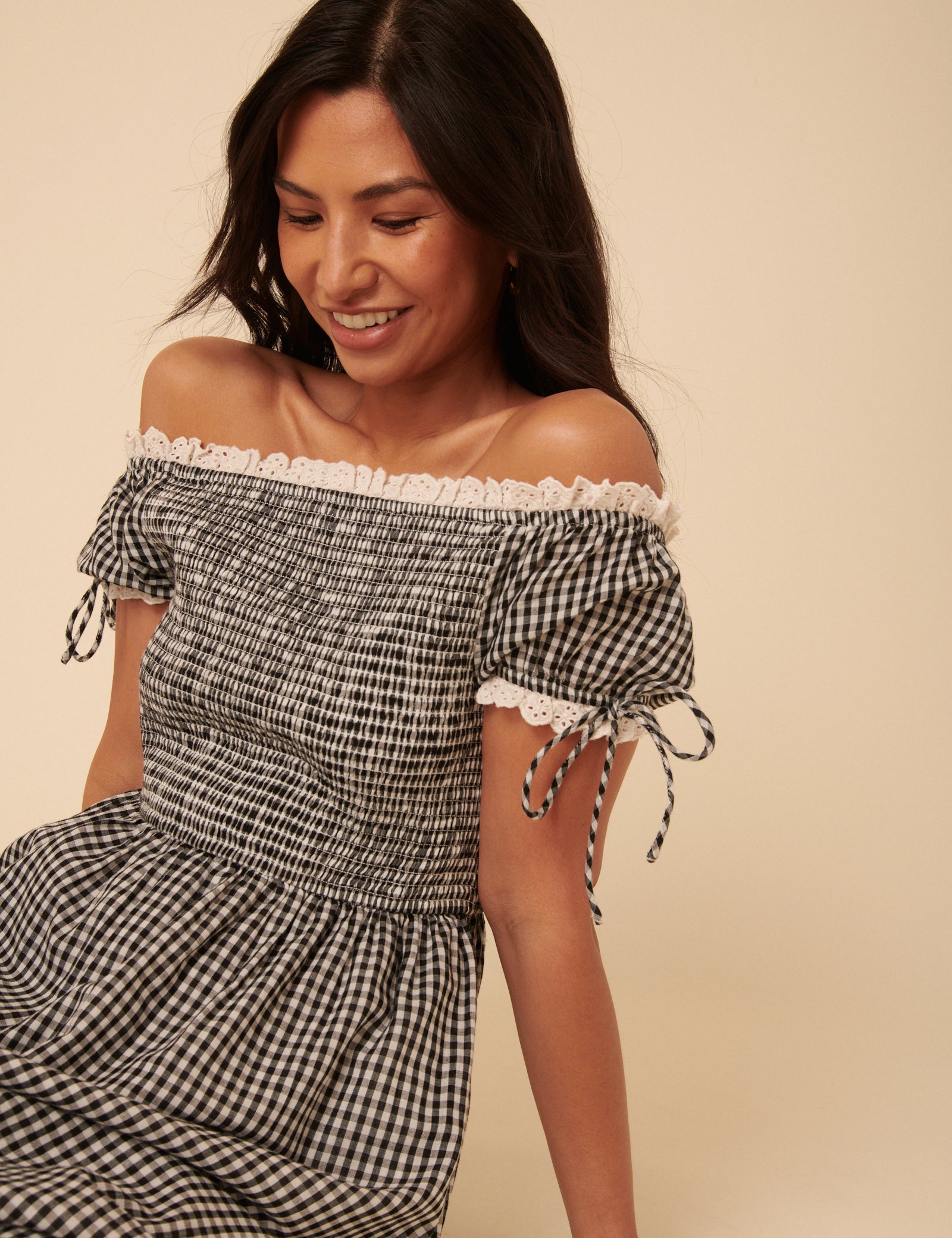 Black Gingham Bardot Adrianna Midi Dress