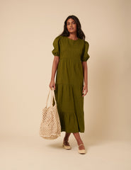 Green Spotty Puff Sleeve Betty Midi Dress