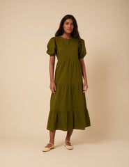 Green Spotty Puff Sleeve Betty Midi Dress