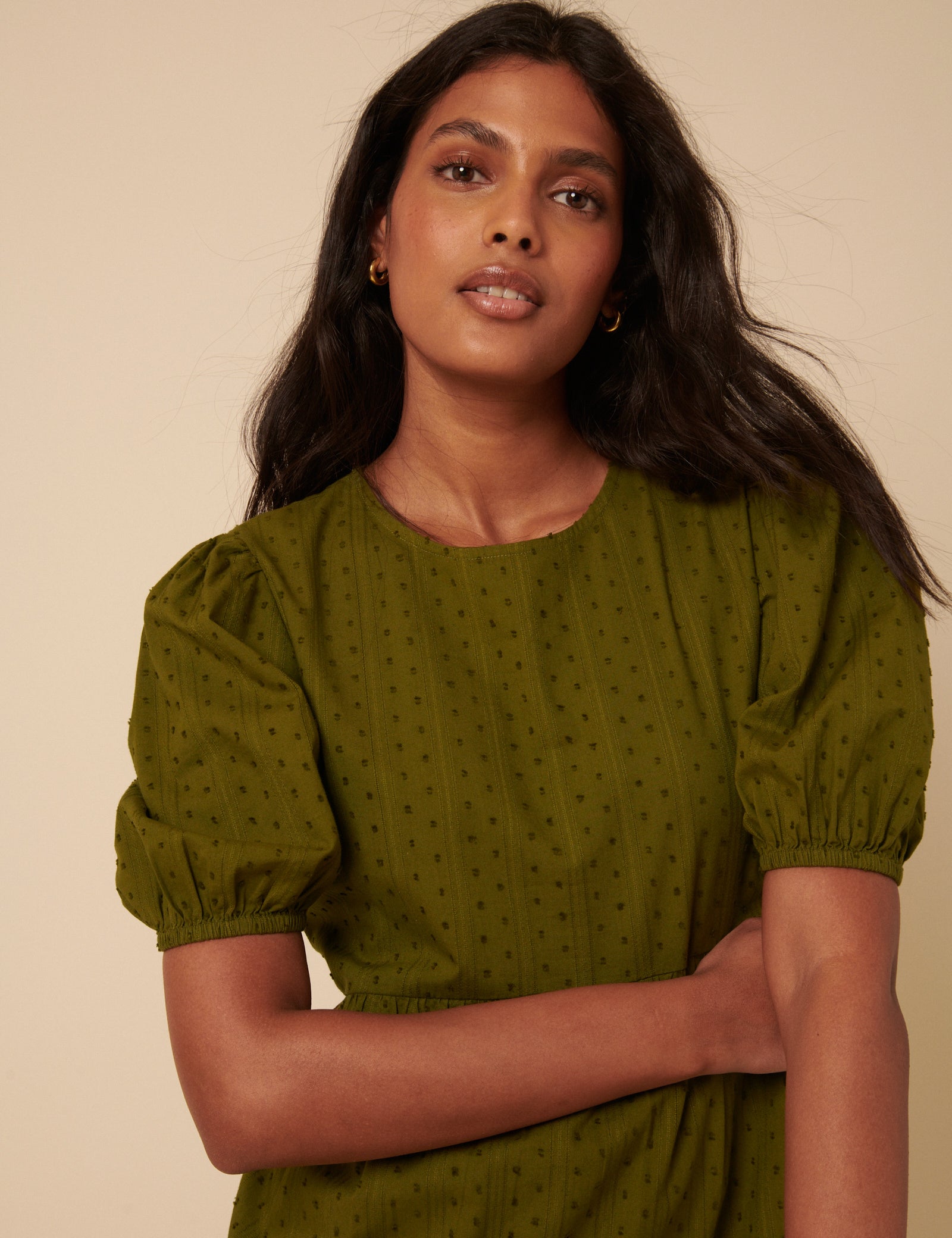 Green Spotty Puff Sleeve Betty Midi Dress