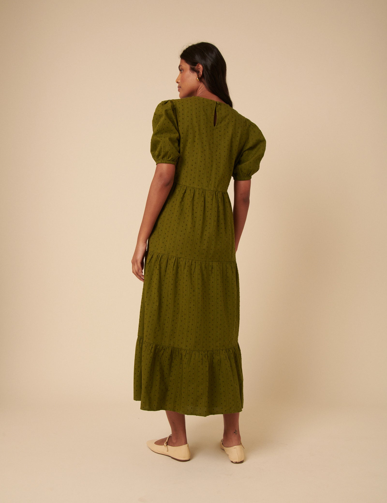 Green Spotty Puff Sleeve Betty Midi Dress