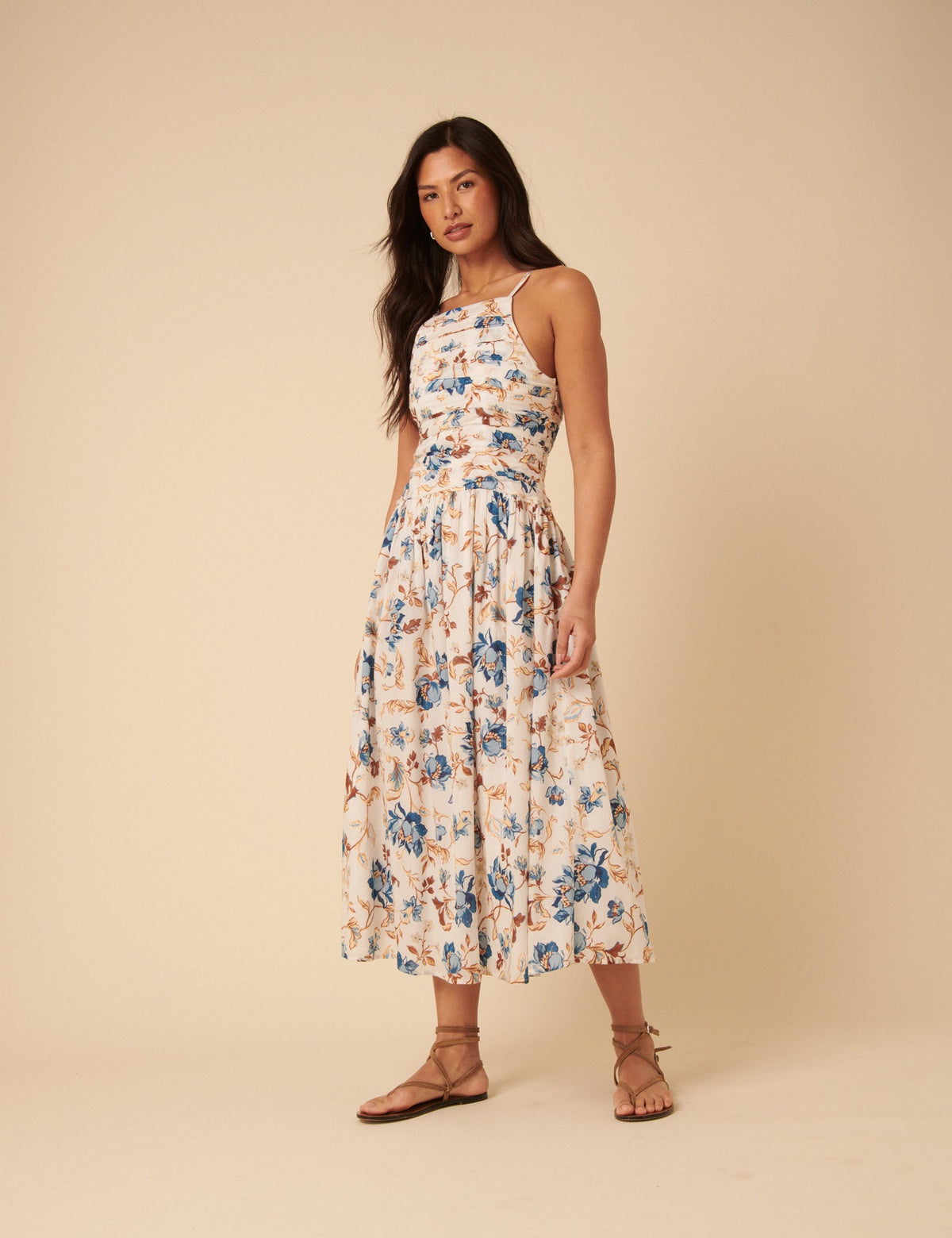 White Floral Ruched Talia Midi Dress