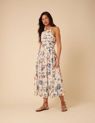 White Floral Ruched Talia Midi Dress