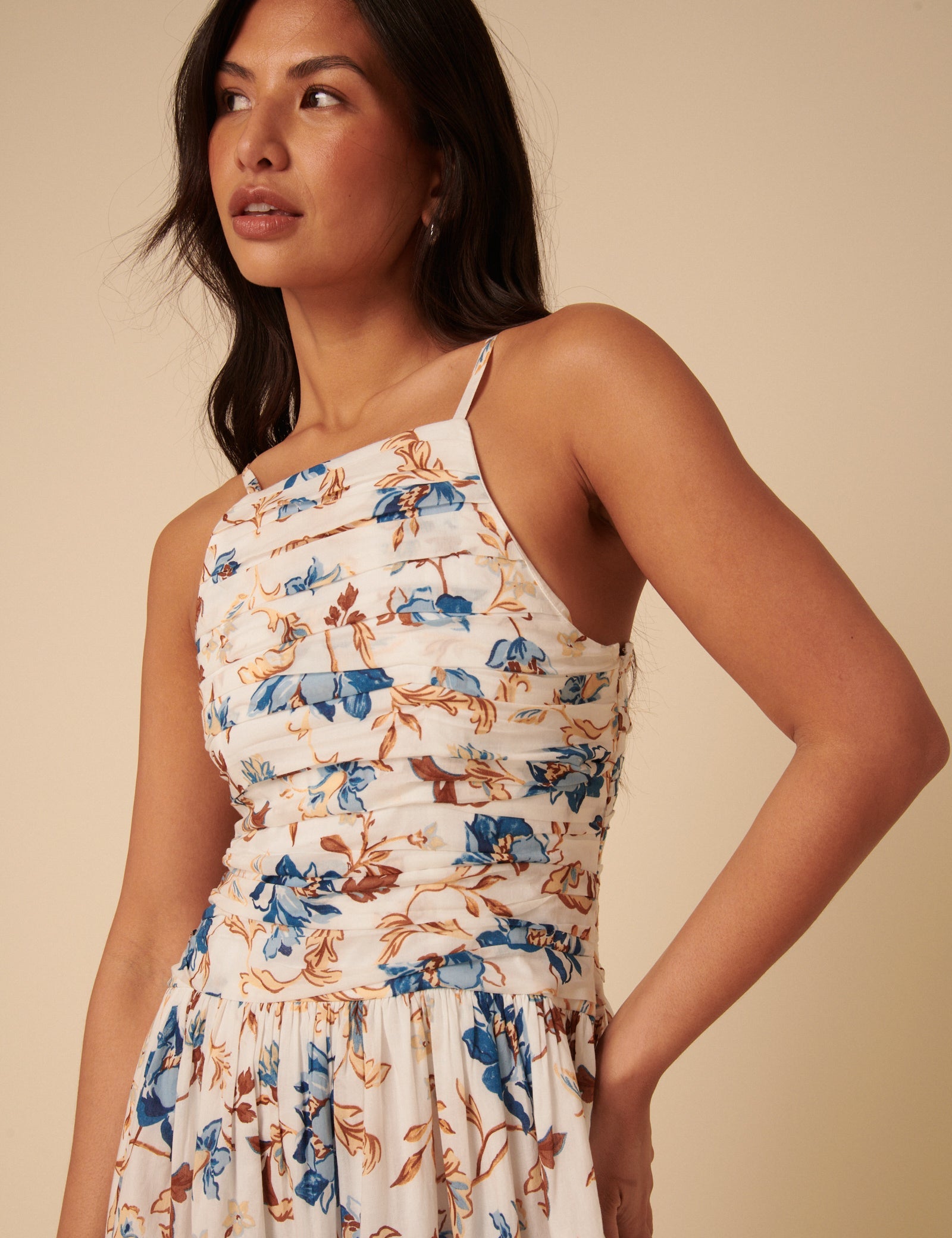 White Floral Ruched Talia Midi Dress