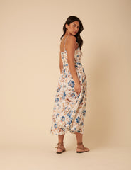 White Floral Ruched Talia Midi Dress