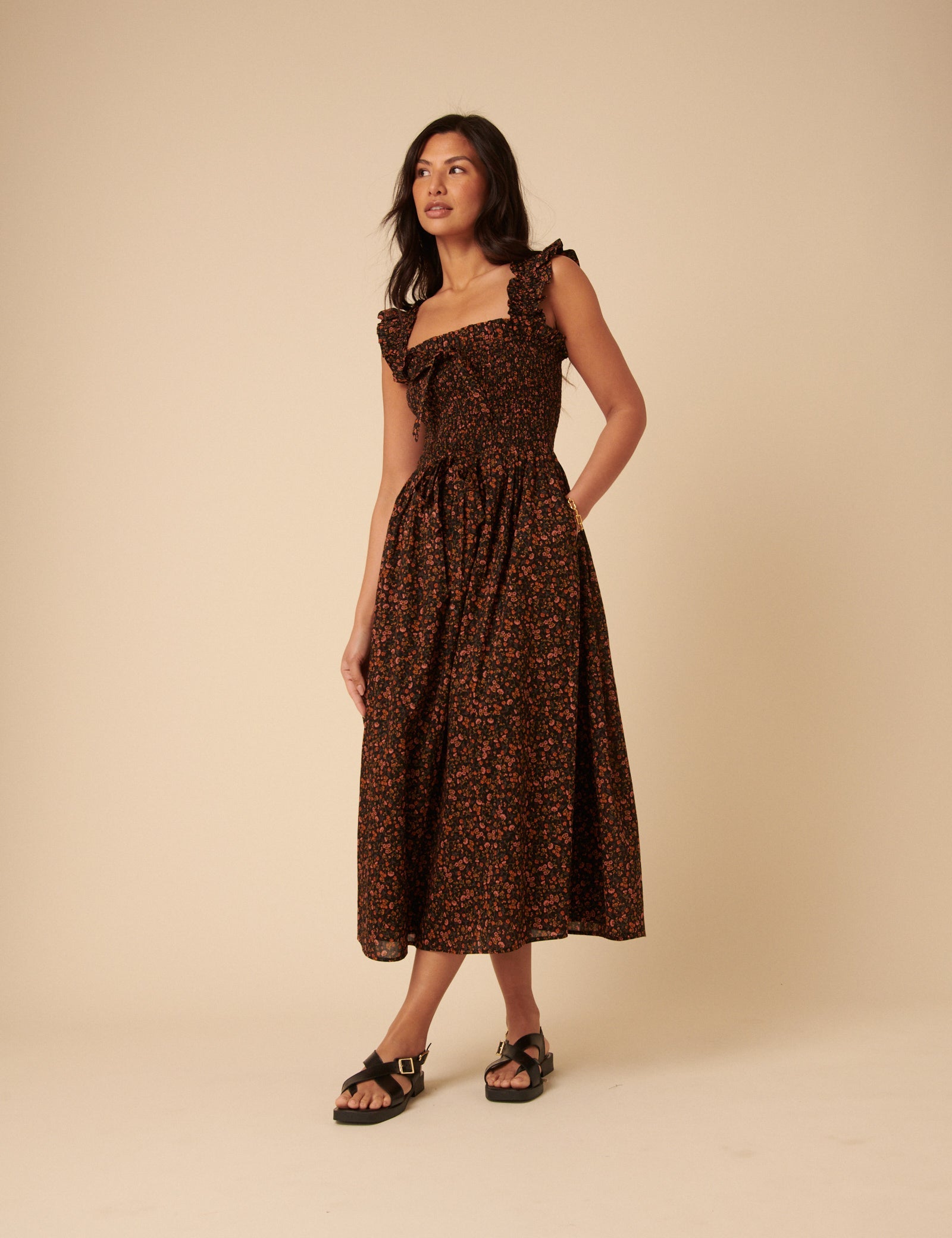 Black Ditsy Floral Christina Midi Dress