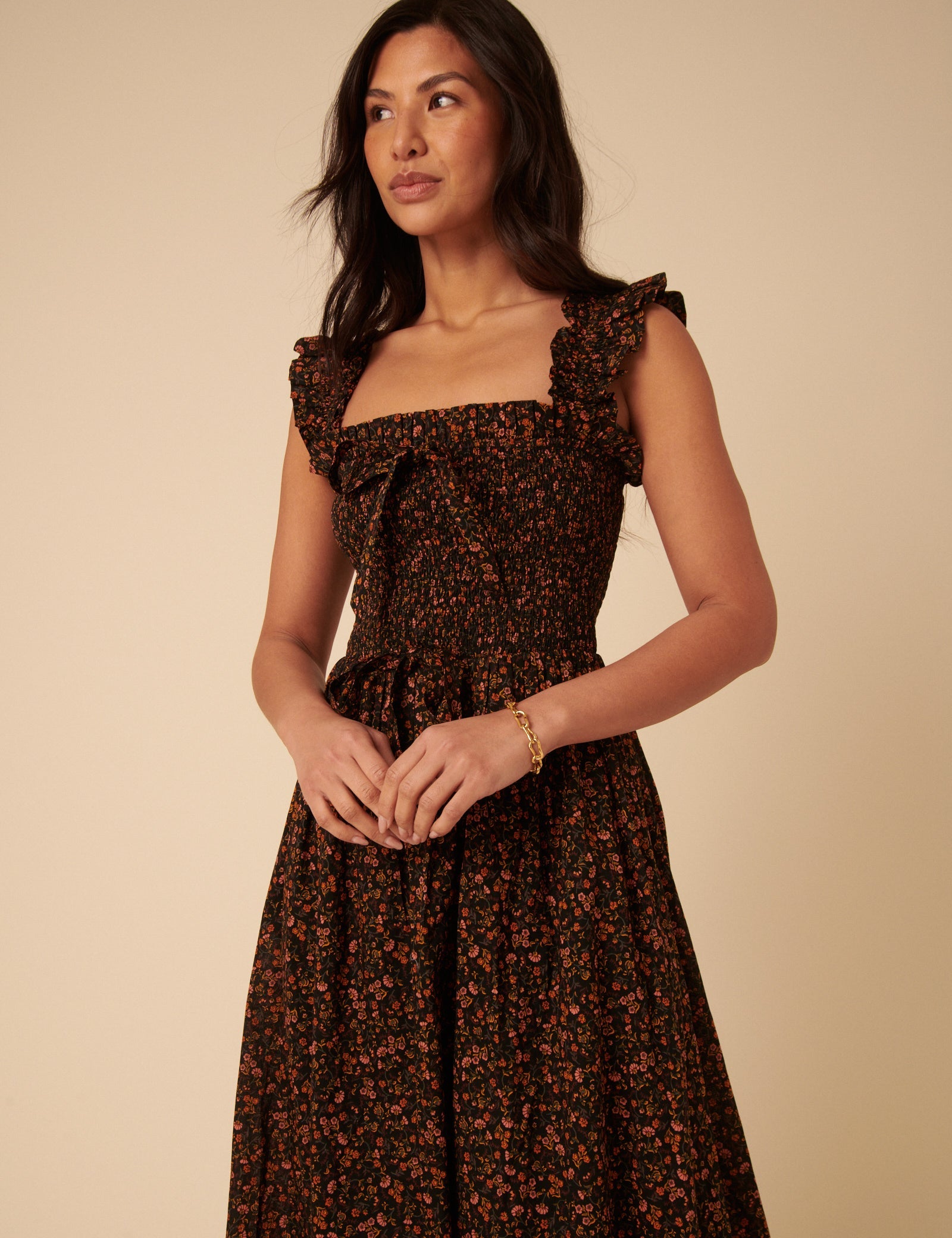 Black Ditsy Floral Christina Midi Dress