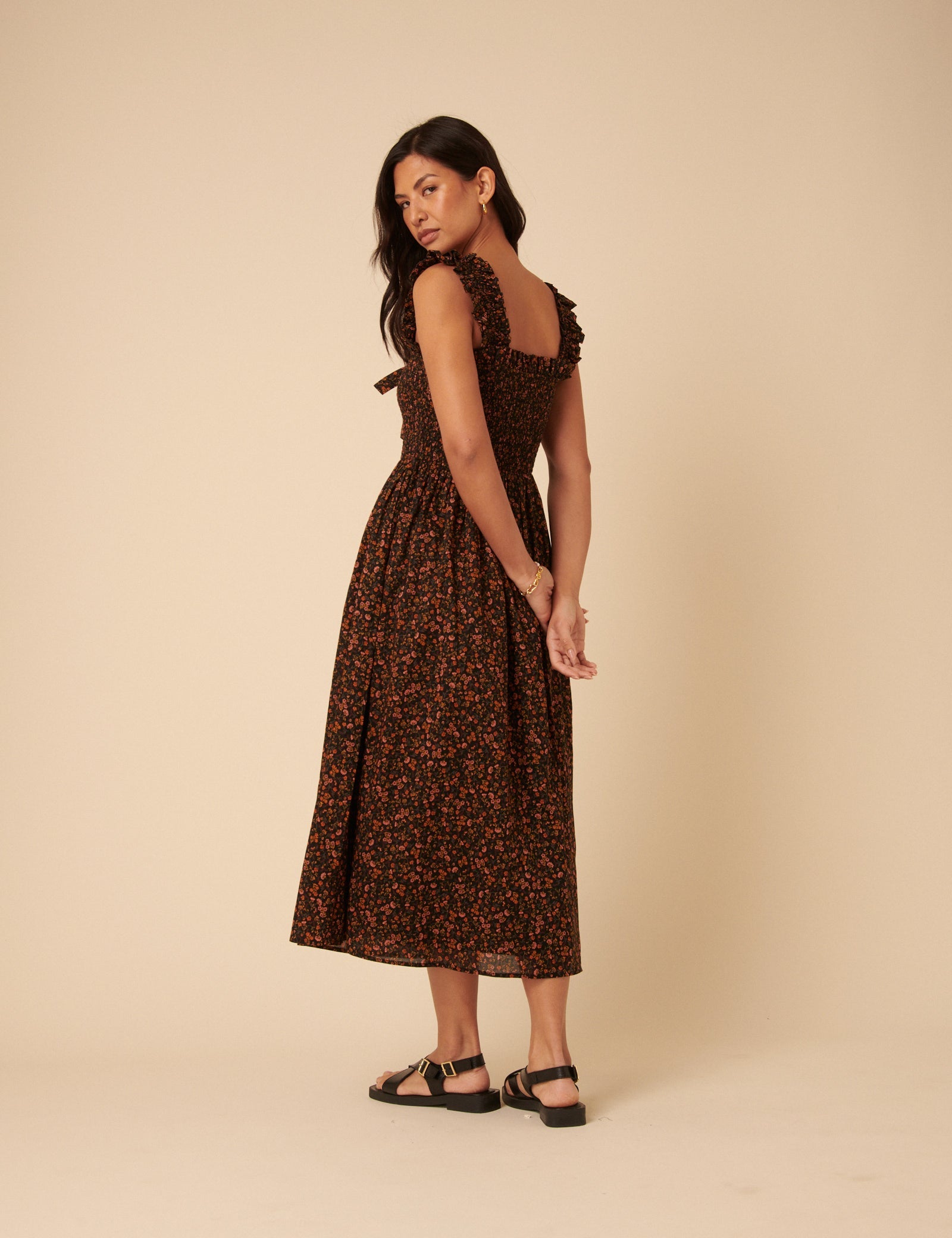 Black Ditsy Floral Christina Midi Dress