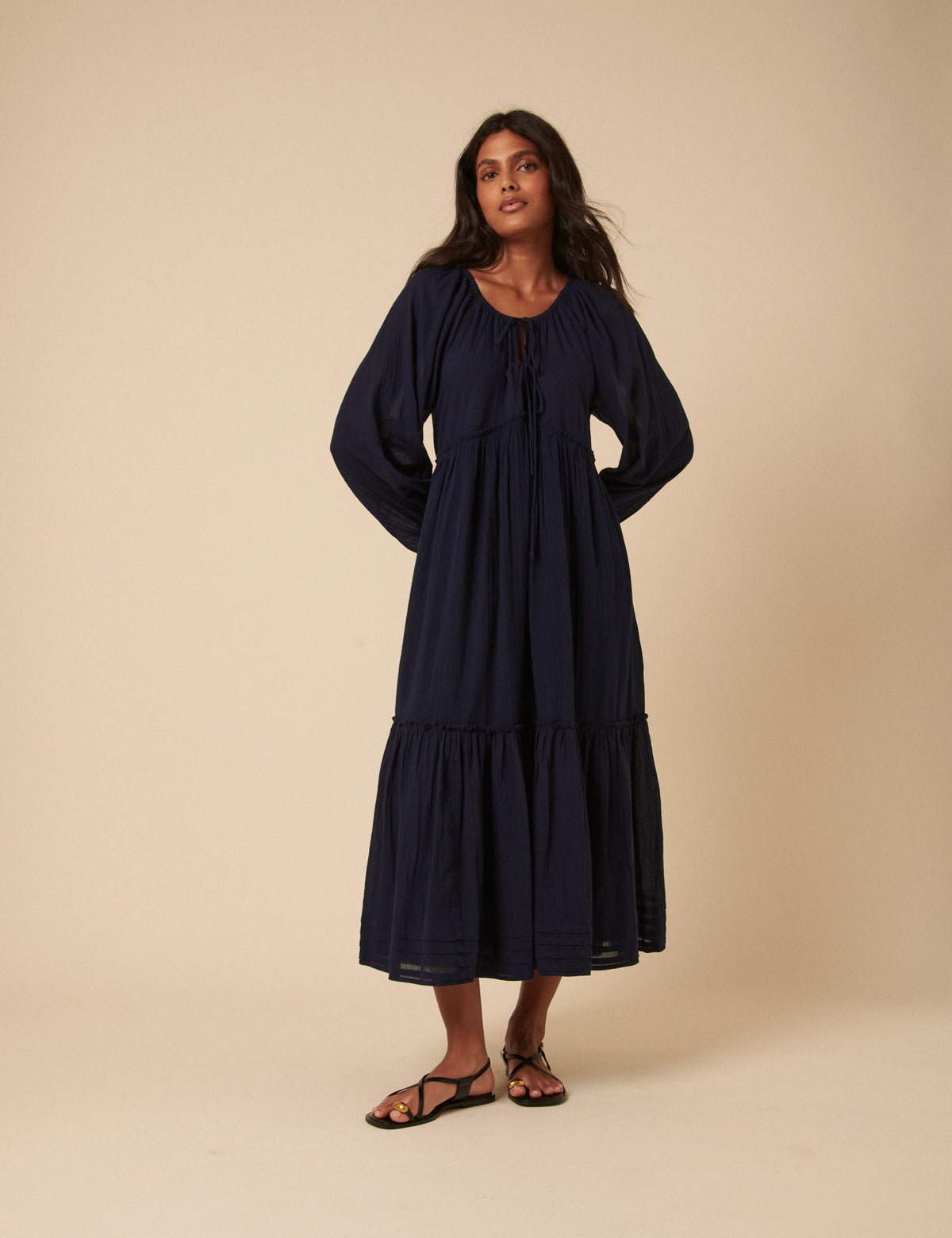Navy Tie Front Tiered Adley Midi Dress