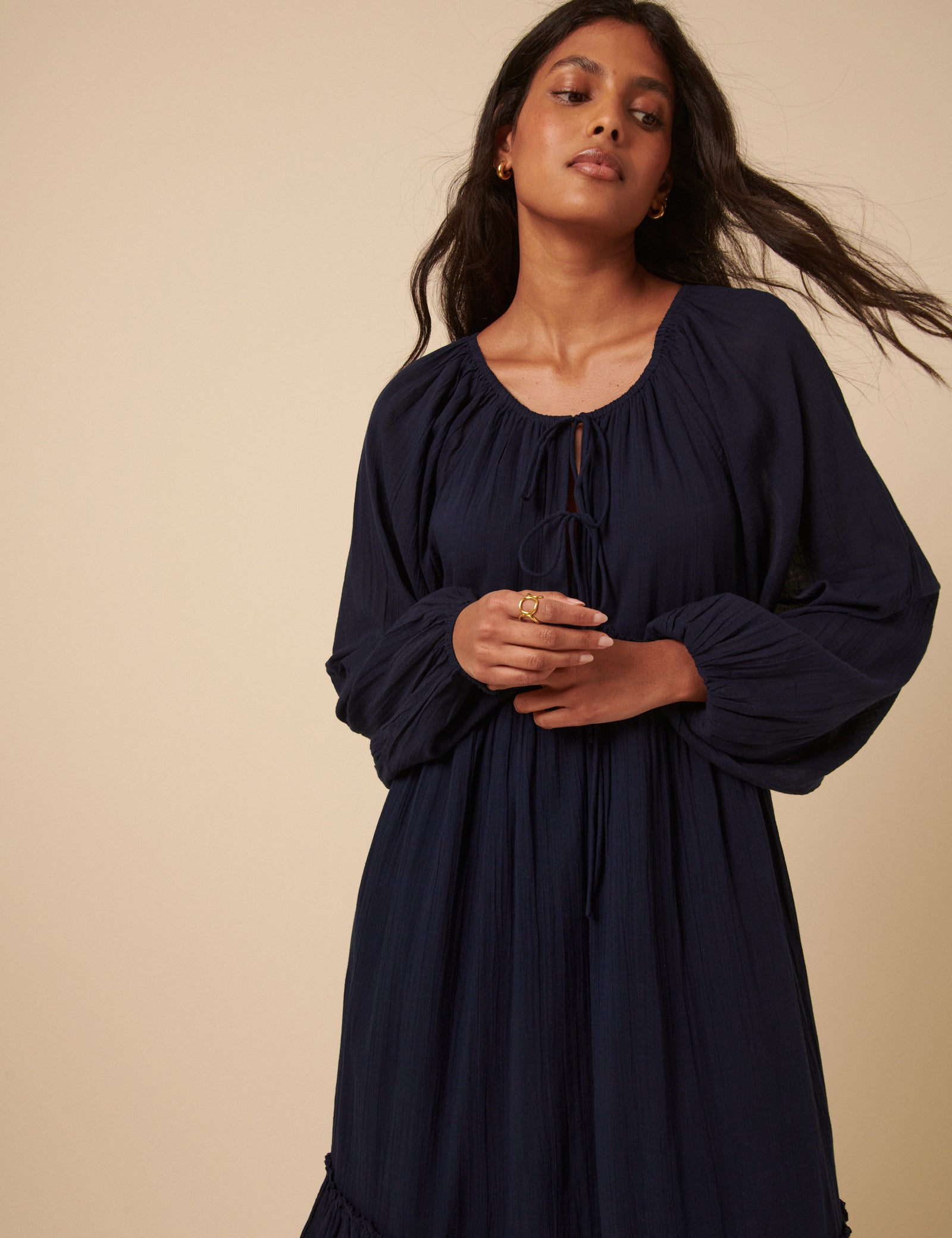 Navy Tie Front Tiered Adley Midi Dress