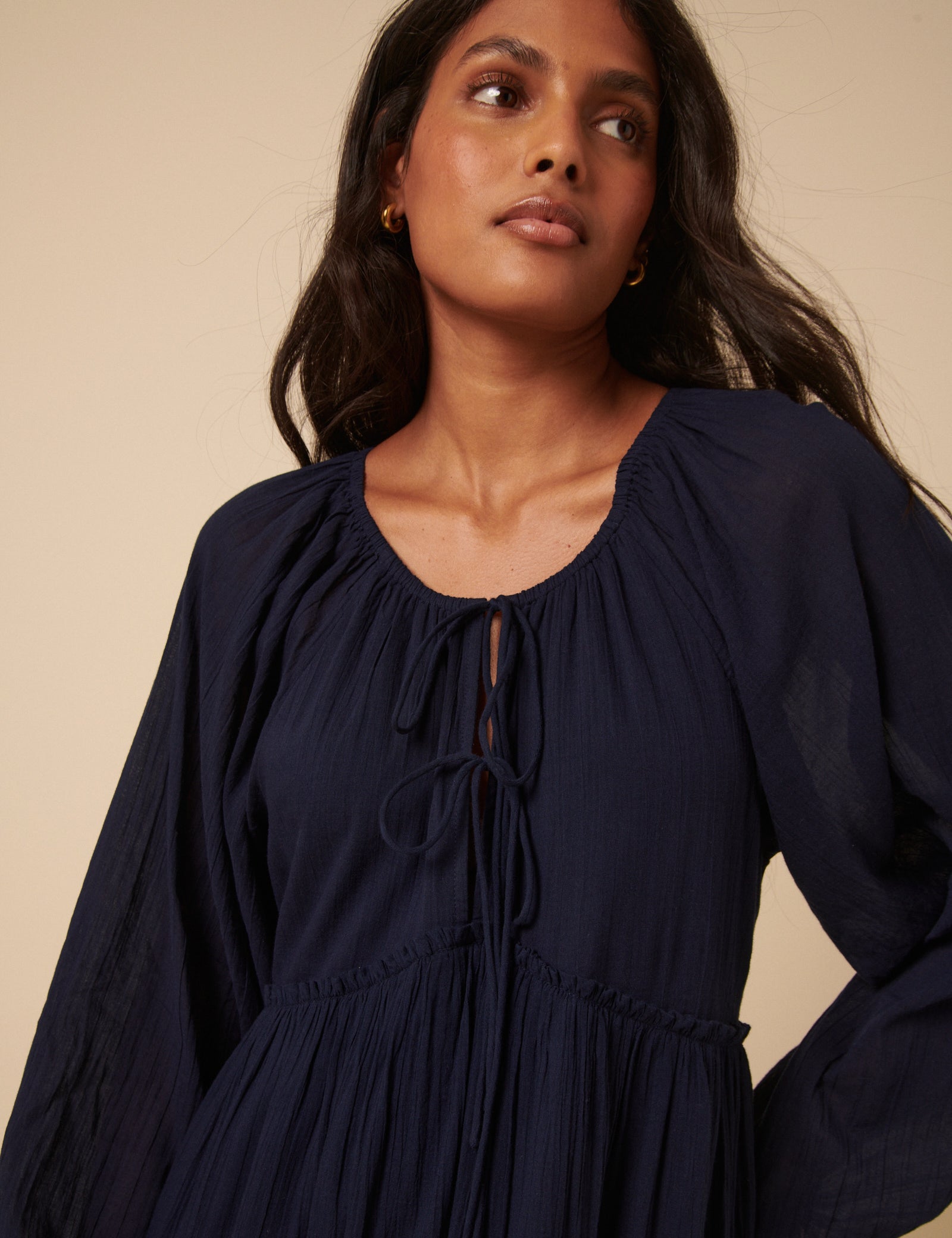 Navy Tie Front Tiered Adley Midi Dress