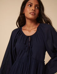 Navy Tie Front Tiered Adley Midi Dress