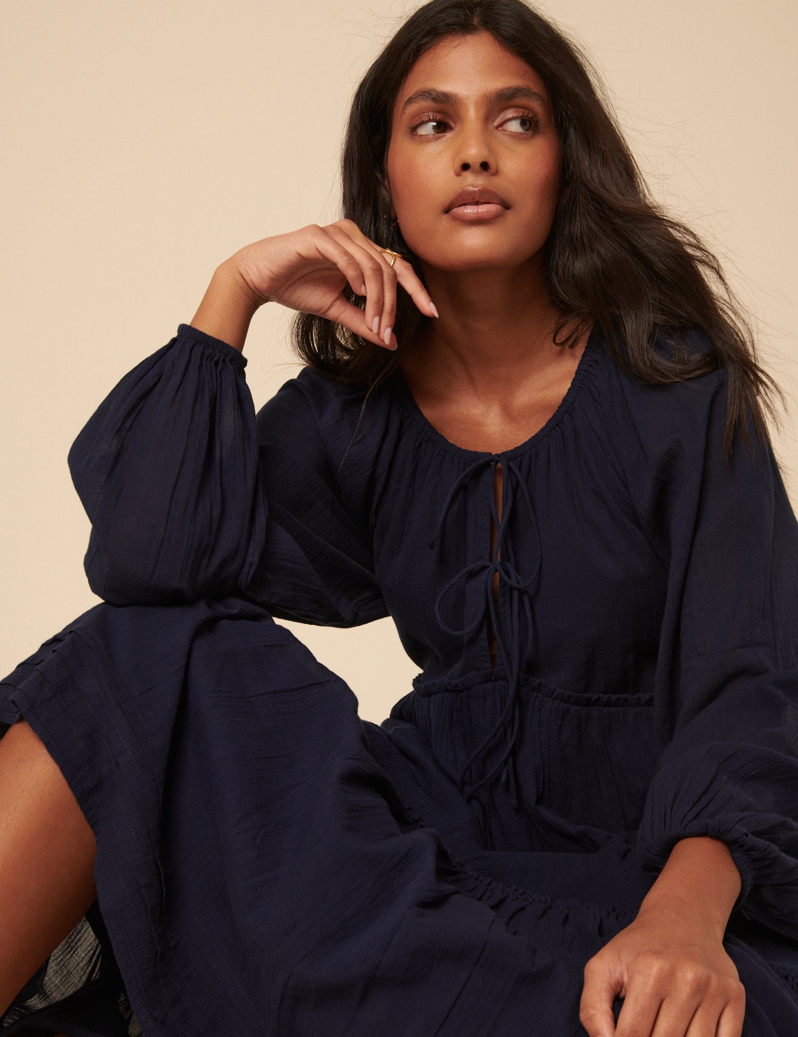 Navy Tie Front Tiered Adley Midi Dress