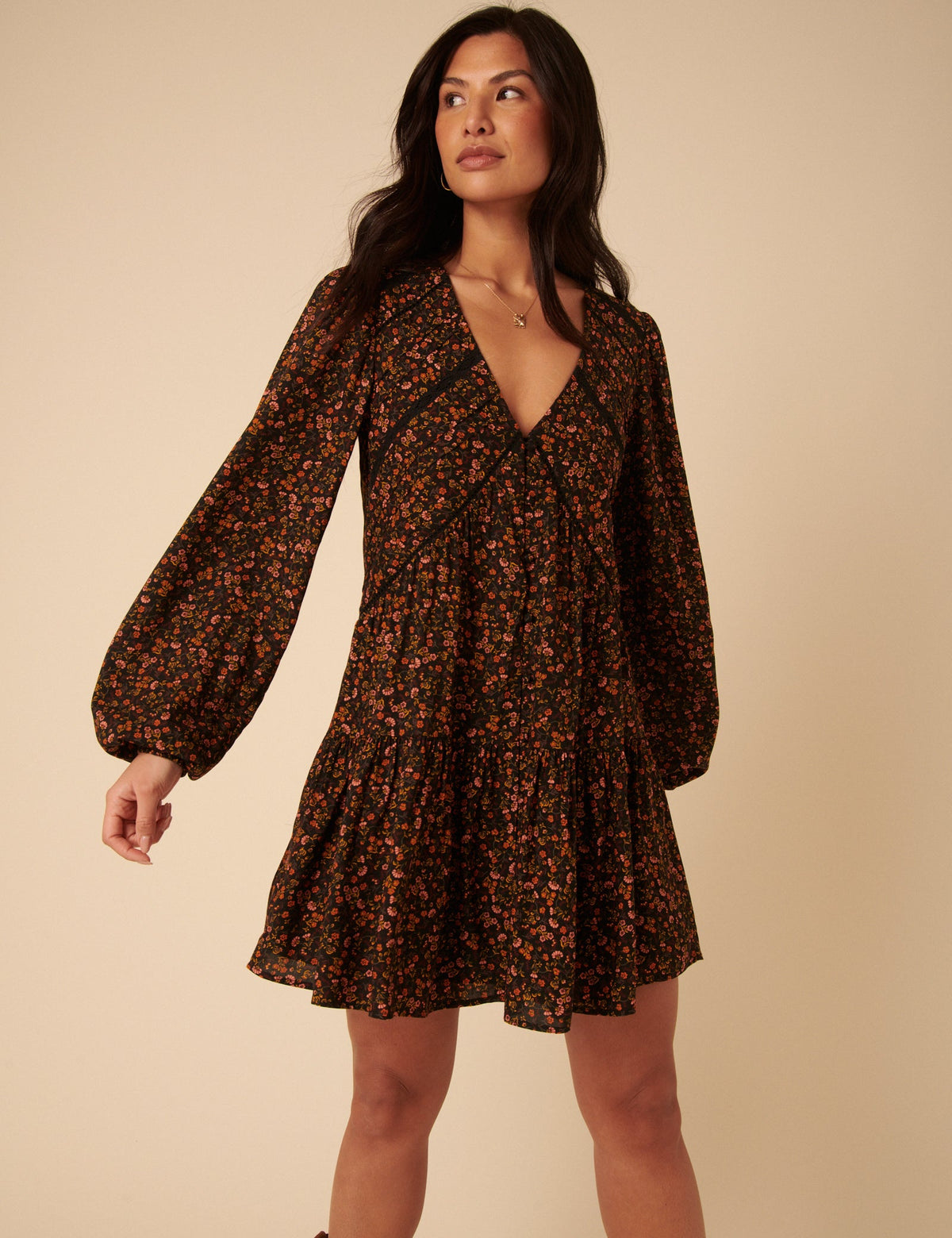 Black Ditsy Floral Long Sleeve Marley Mini Dress