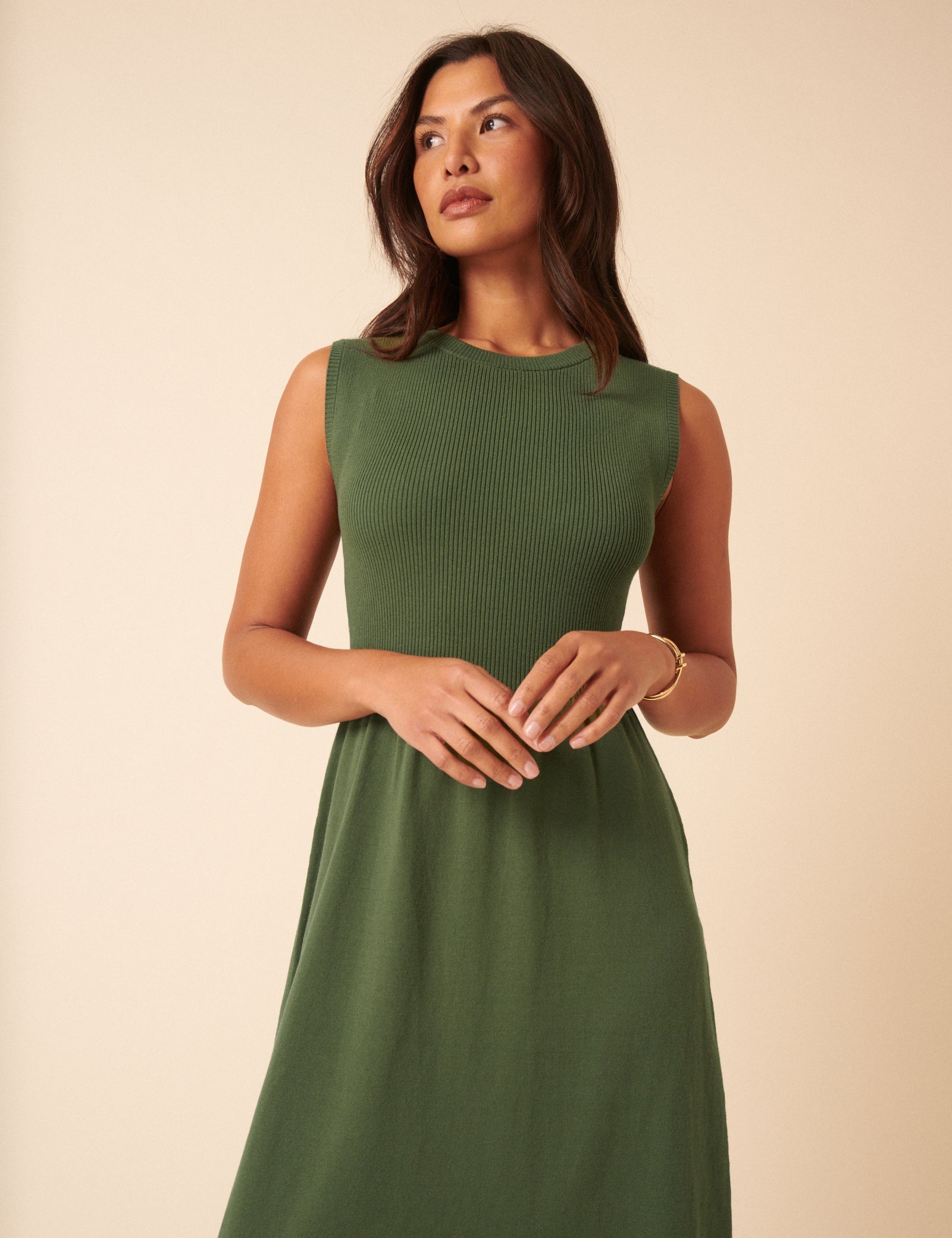 Green Sleeveless Knitted Midi Dress