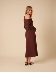 Brown Asymmetric Gathered Katty Midi Dress