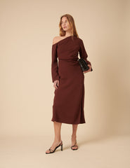 Brown Asymmetric Gathered Katty Midi Dress