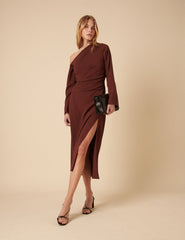 Brown Asymmetric Gathered Katty Midi Dress