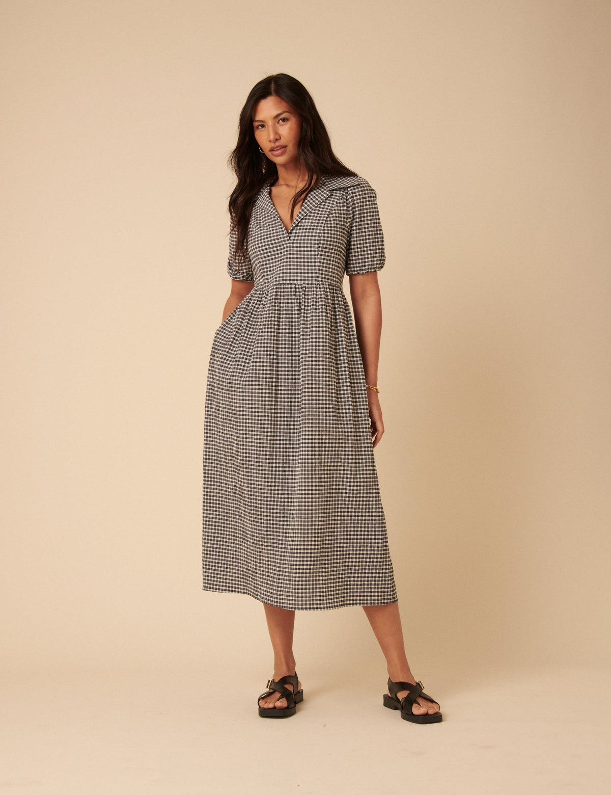 Black Gingham Collared Hebe Midi Dress