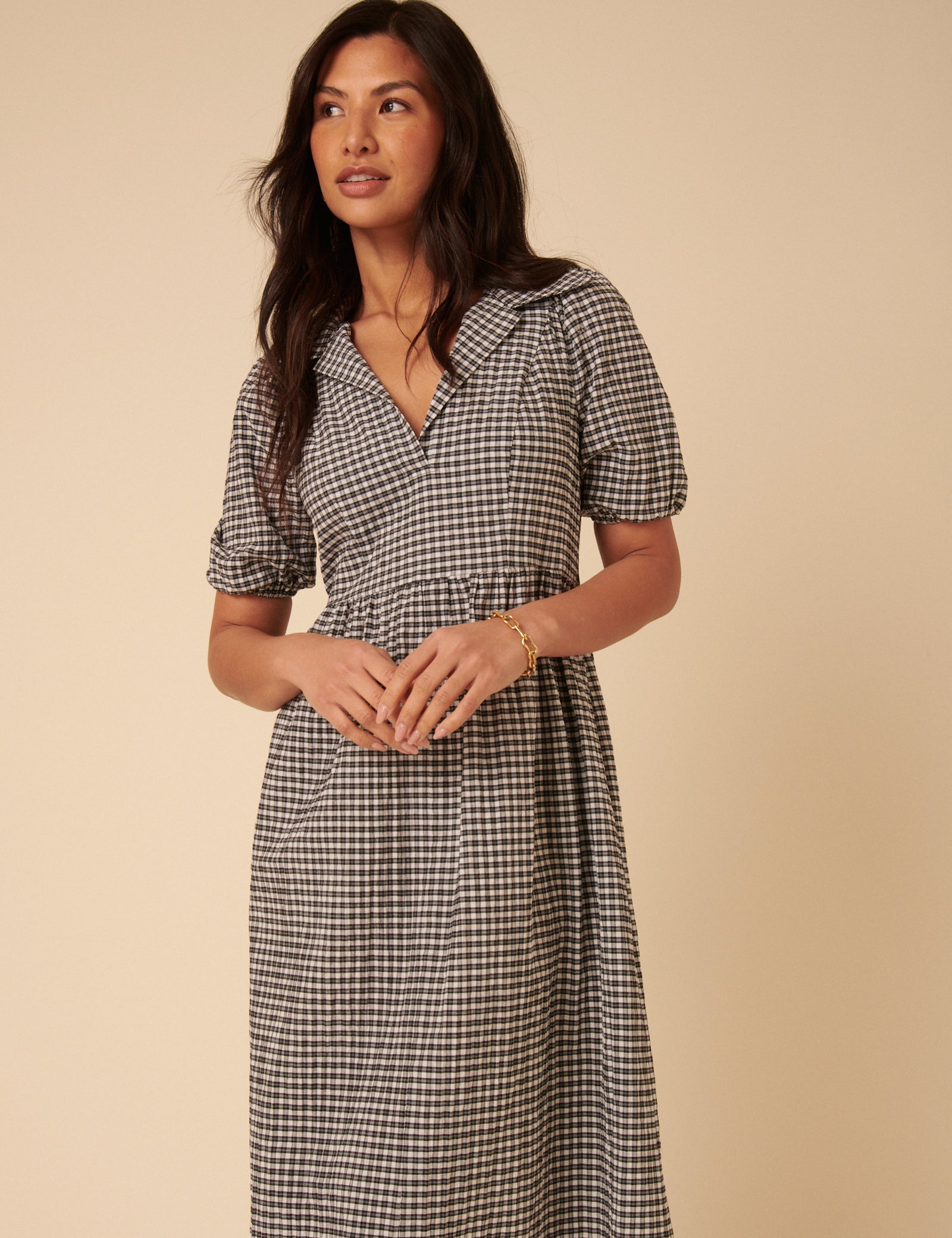 Black Gingham Collared Hebe Midi Dress