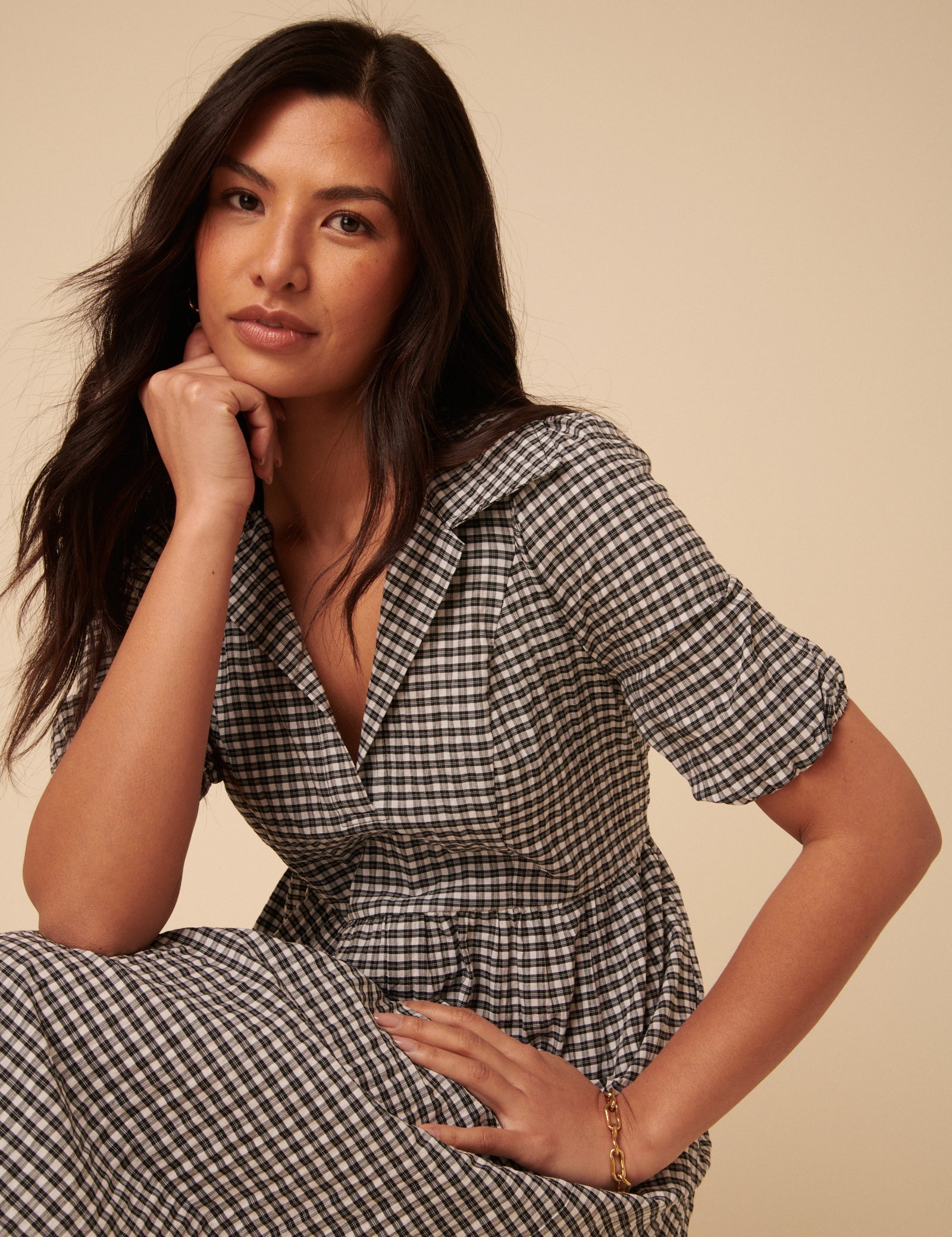 Black Gingham Collared Hebe Midi Dress