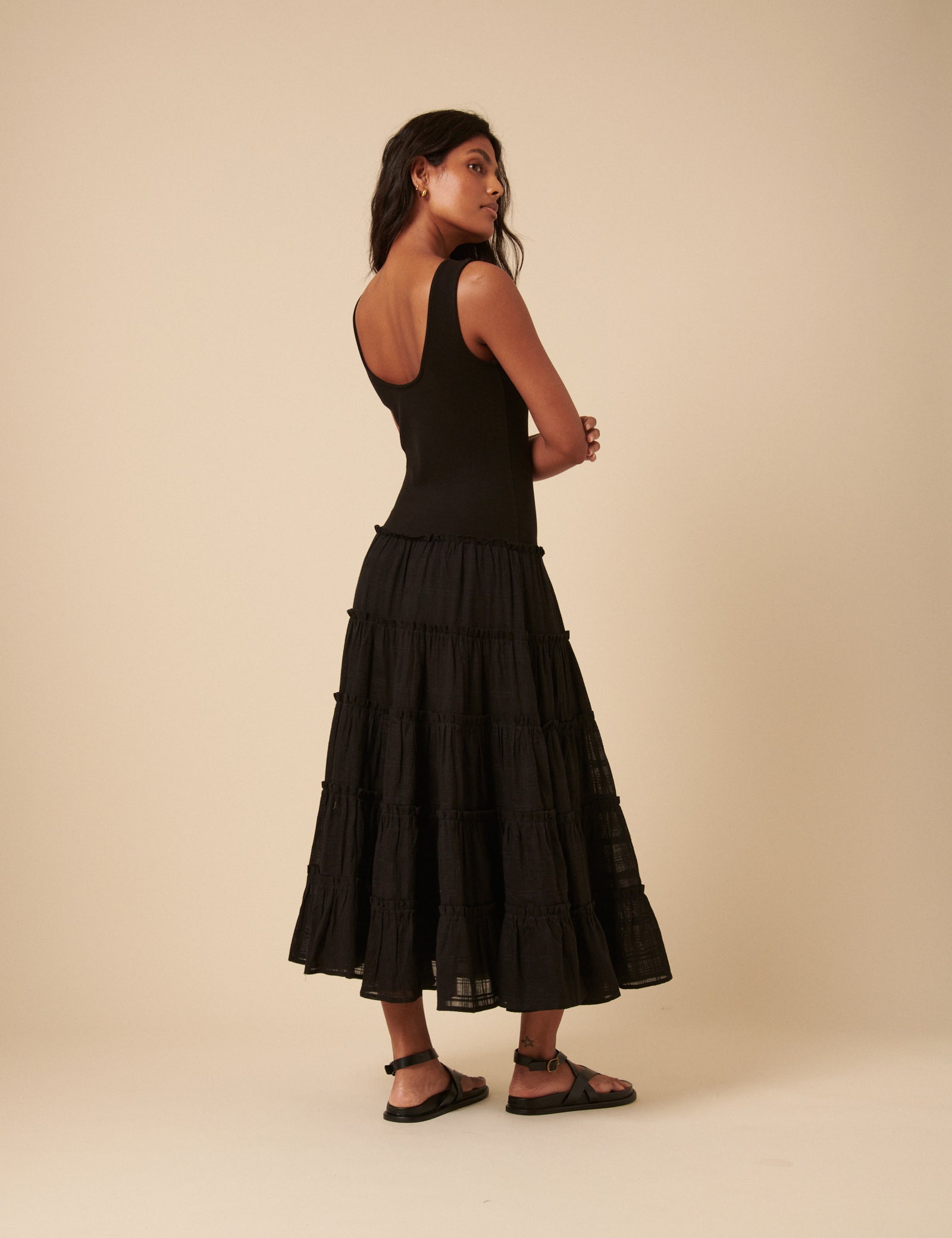 Poppy Delevingne Black Tiered Chloe Midi Dress