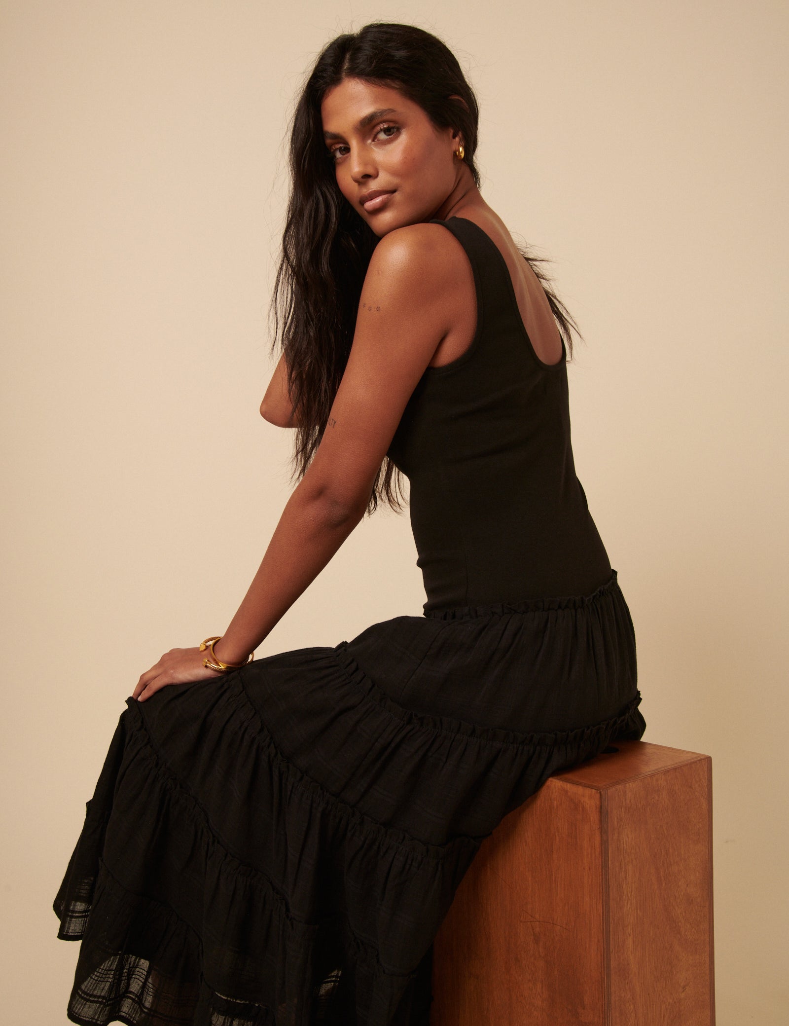 Poppy Delevingne Black Tiered Chloe Midi Dress