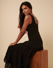 Poppy Delevingne Black Tiered Chloe Midi Dress