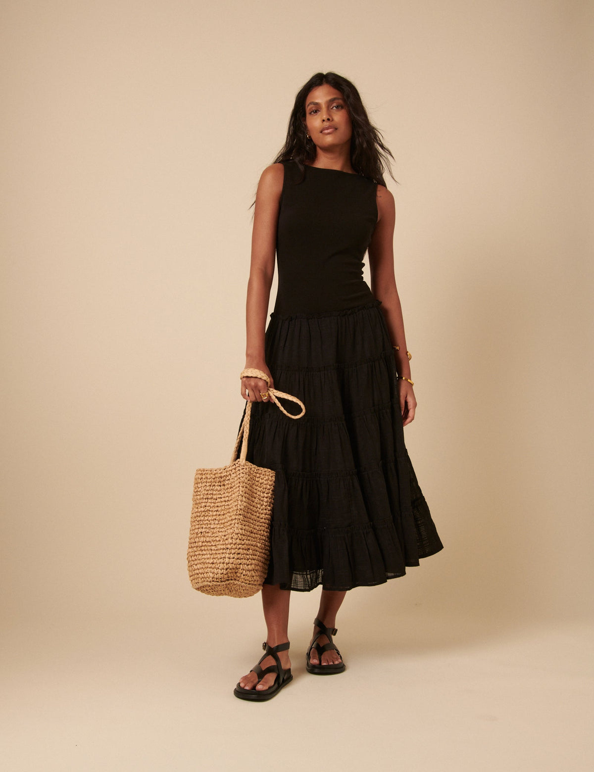 Poppy Delevingne Black Tiered Chloe Midi Dress