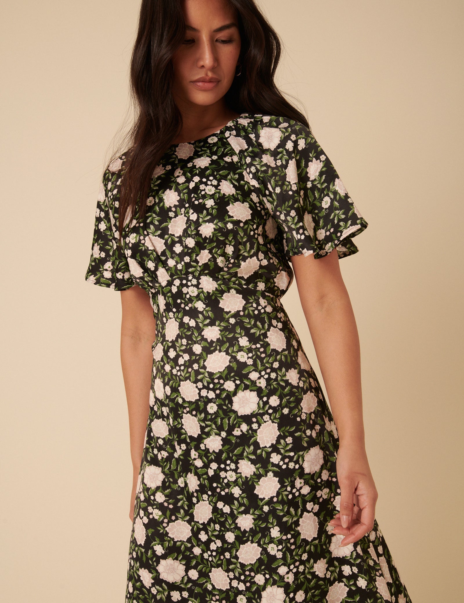 Black Floral Madeira Frill Sleeve Midi Dress
