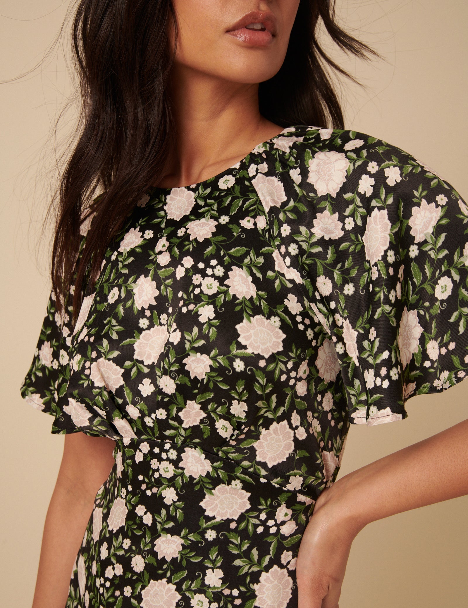 Black Floral Madeira Frill Sleeve Midi Dress
