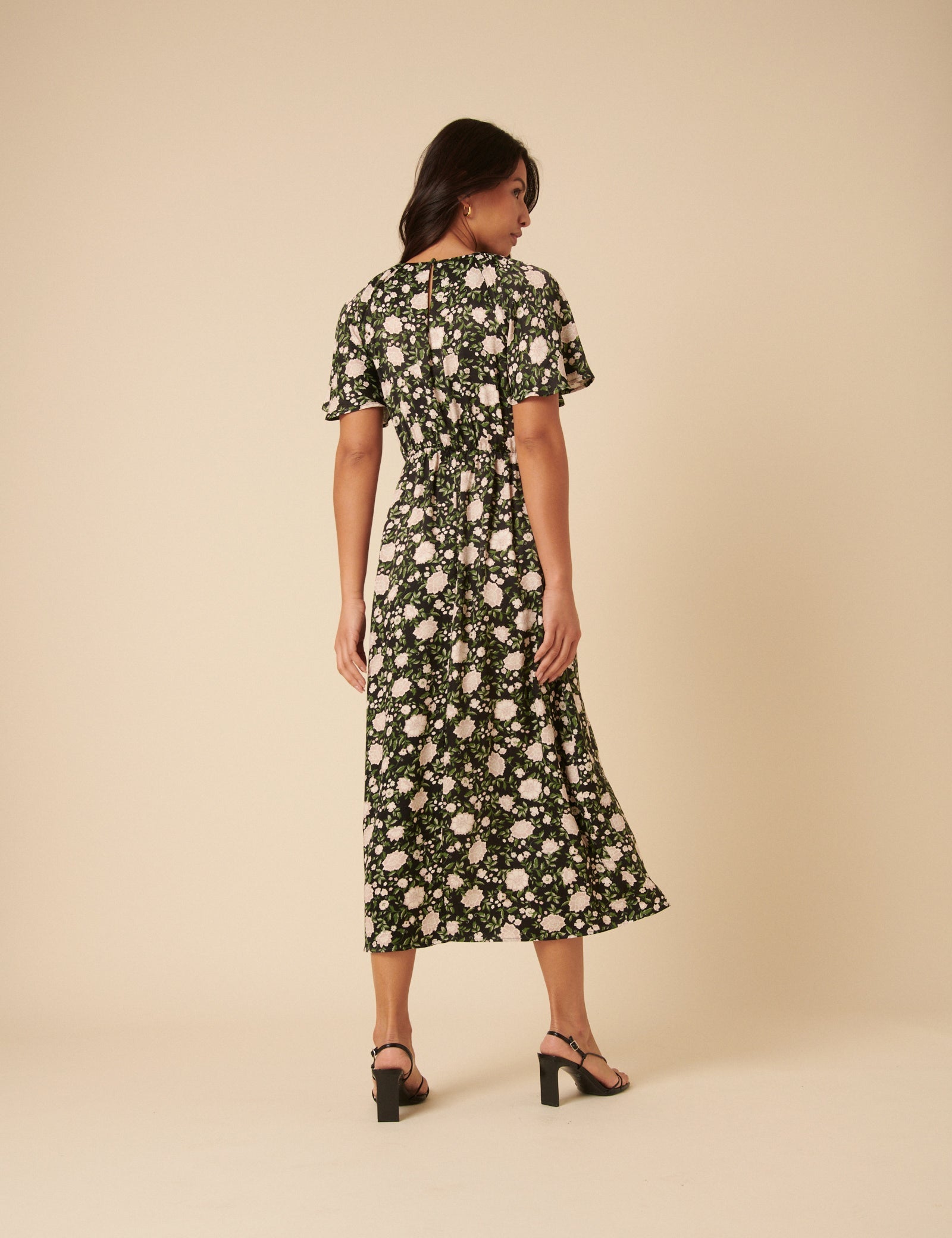 Black Floral Madeira Frill Sleeve Midi Dress