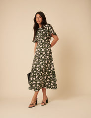 Black Floral Madeira Frill Sleeve Midi Dress