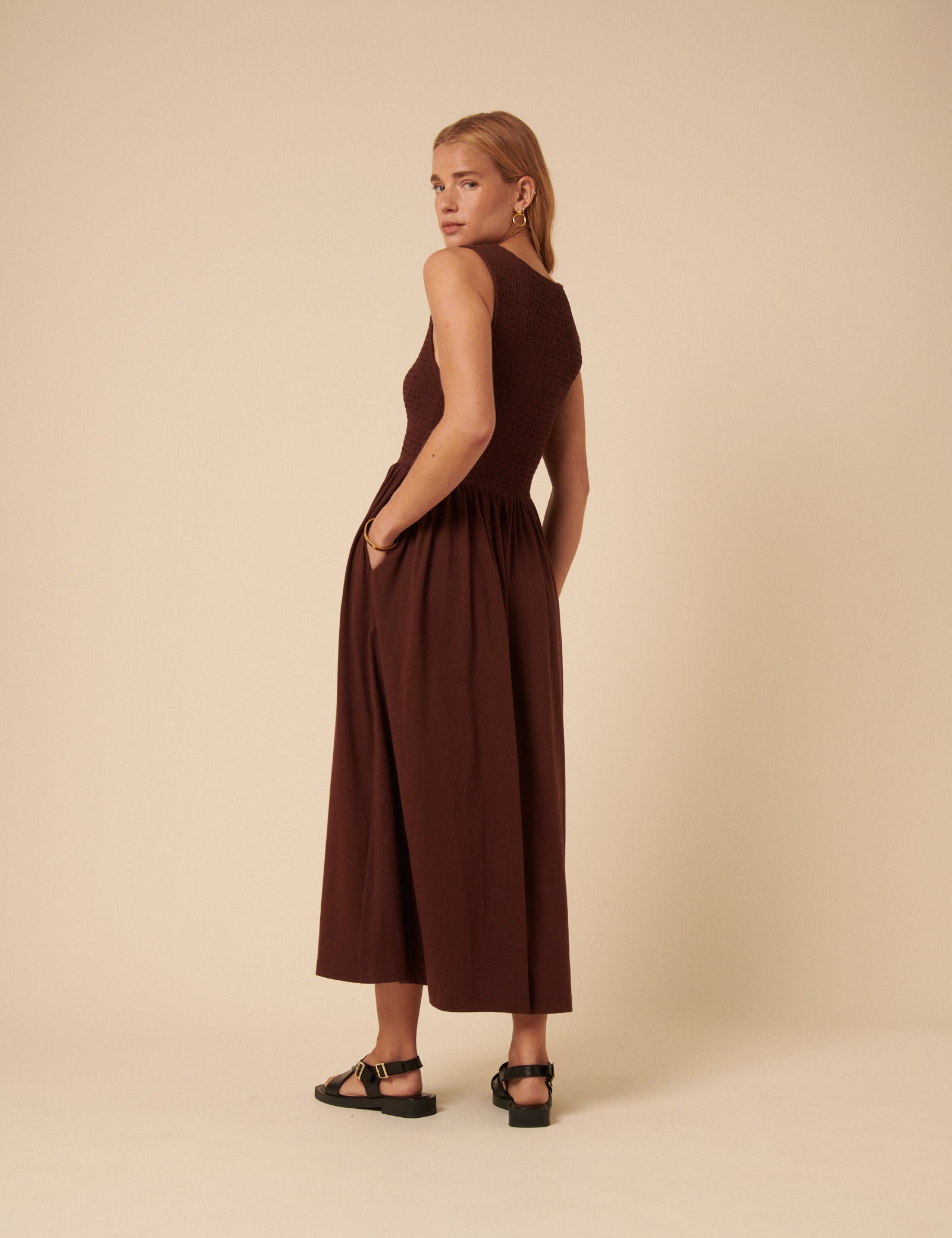Brown Shirred Bodice Billie Midi Dress