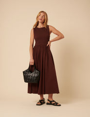 Brown Shirred Bodice Billie Midi Dress