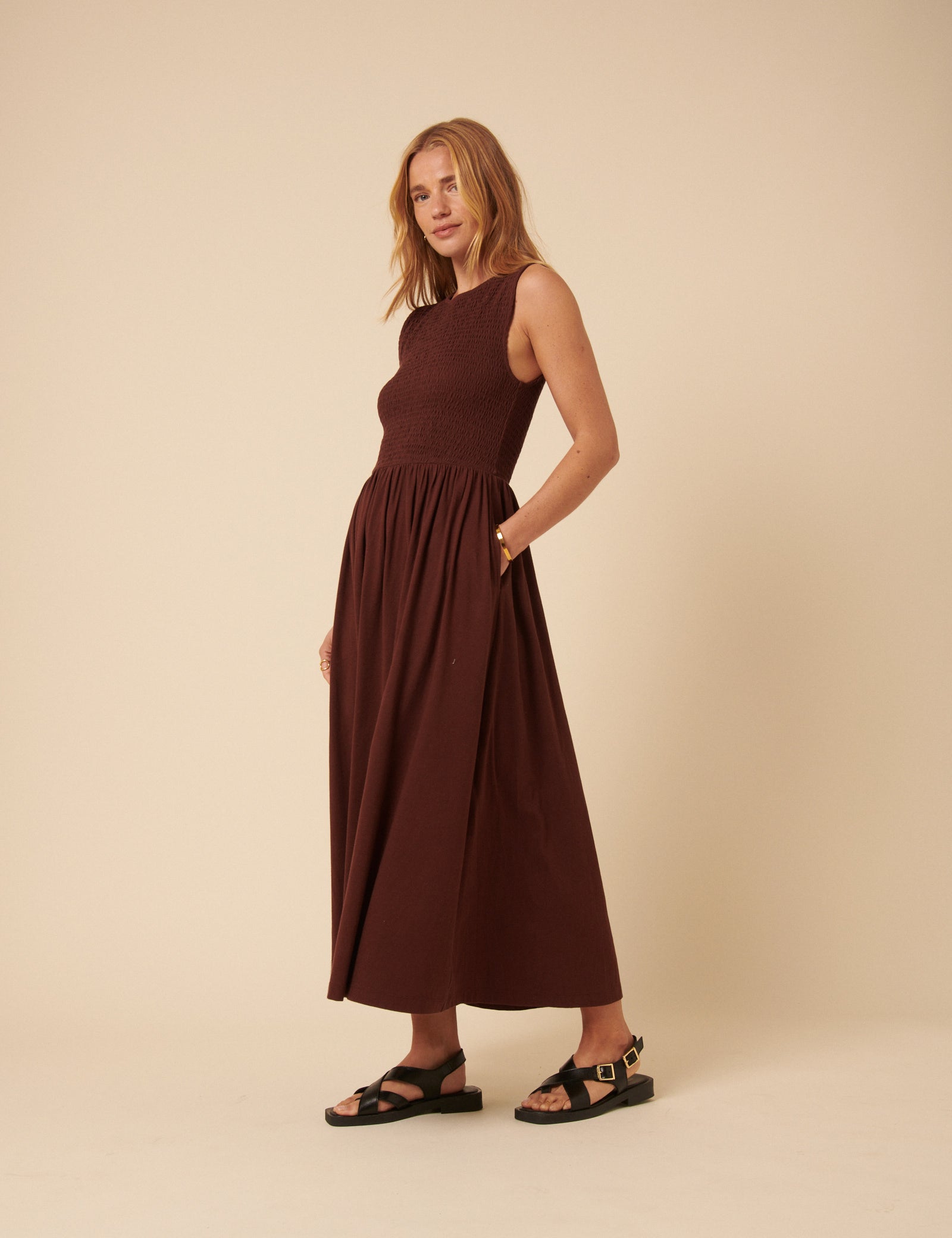 Brown Shirred Bodice Billie Midi Dress