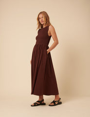 Brown Shirred Bodice Billie Midi Dress