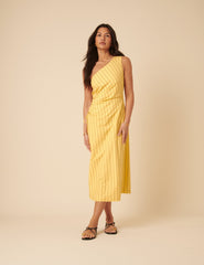 Yellow Striped One Shoulder Una Midi Dress