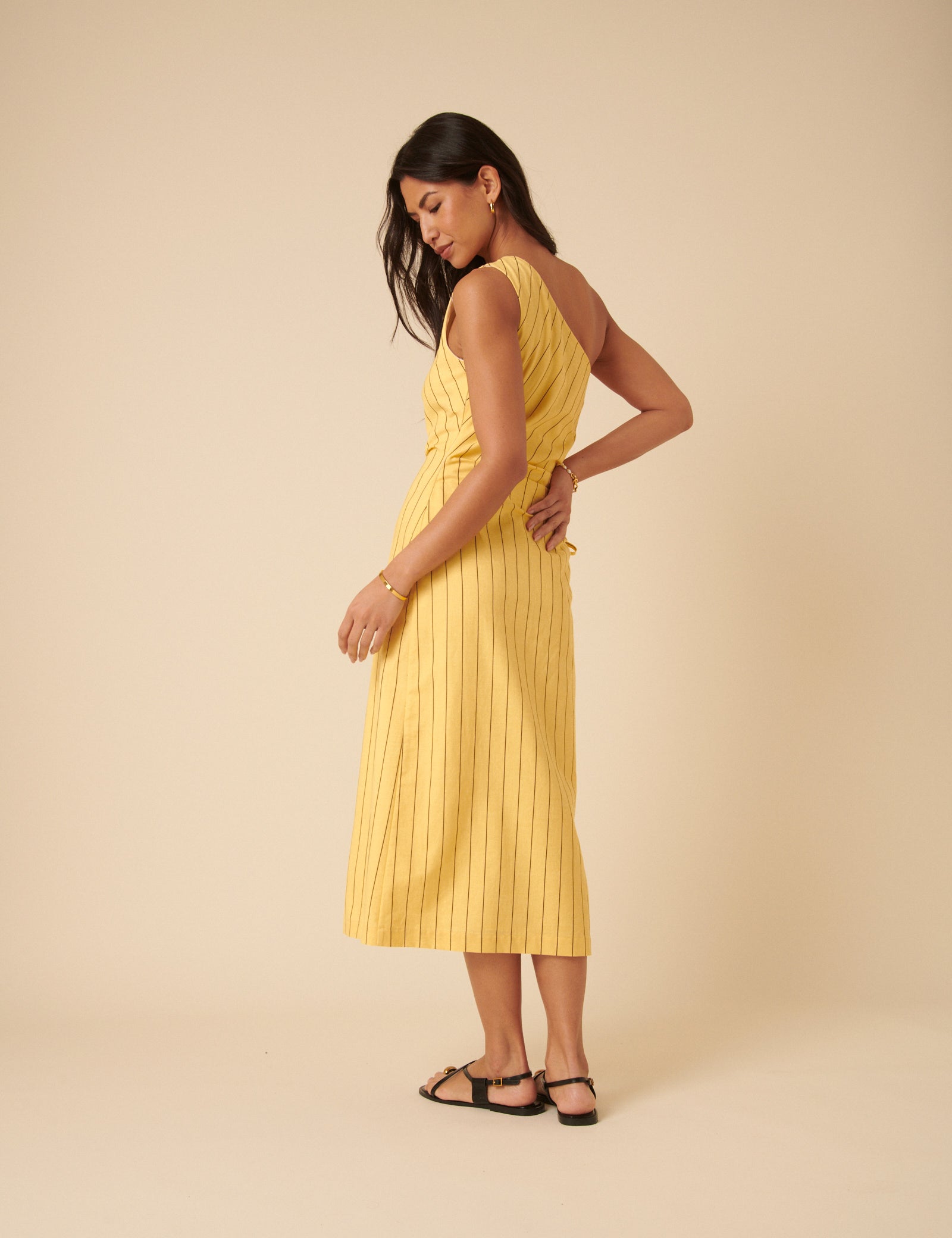 Yellow Striped One Shoulder Una Midi Dress