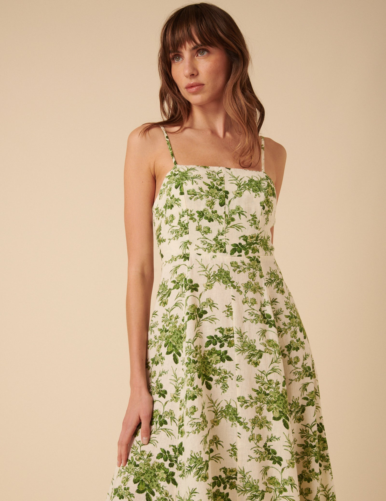 Cream Linen-blend Floral Maxine Midi Dress