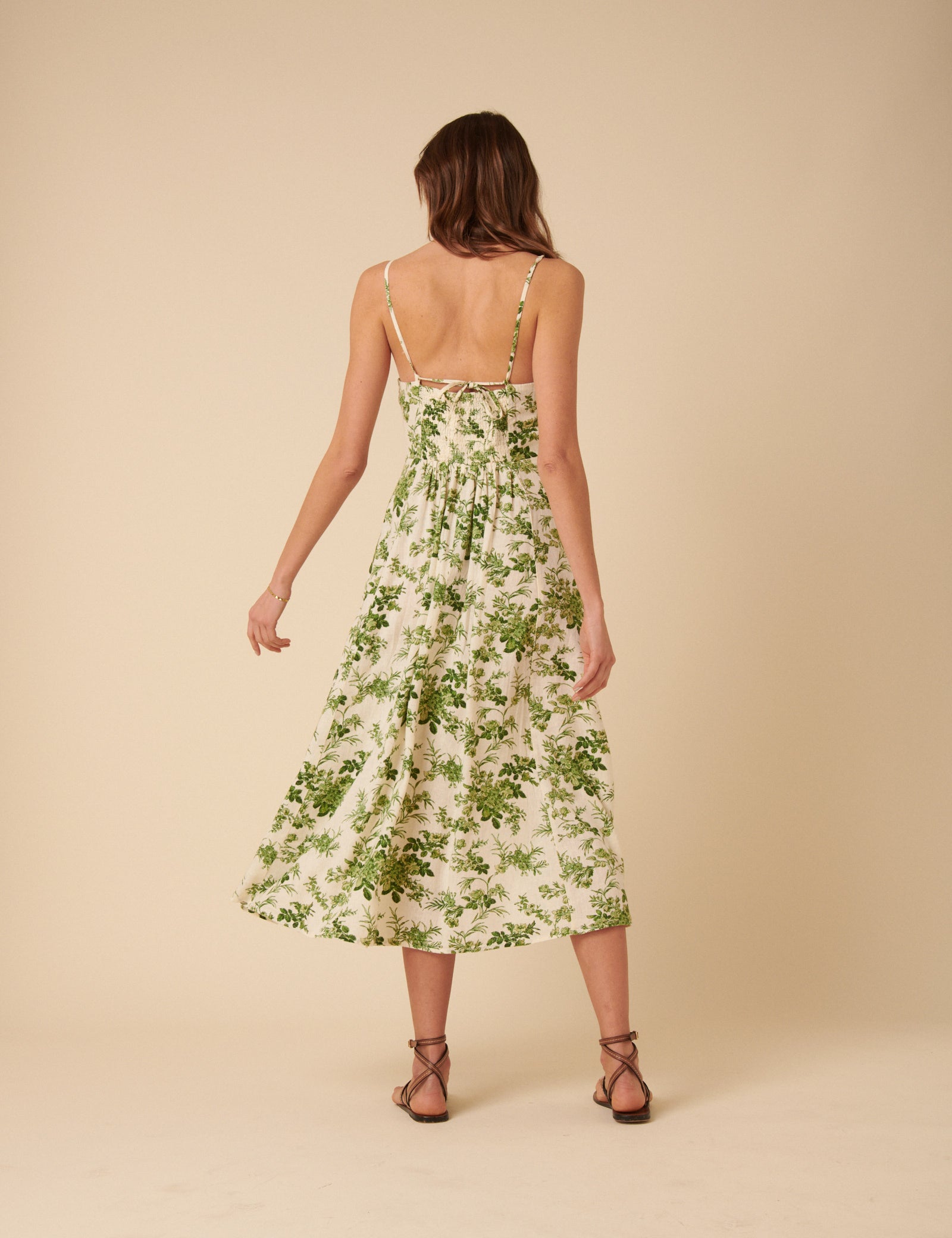 Cream Linen-blend Floral Maxine Midi Dress