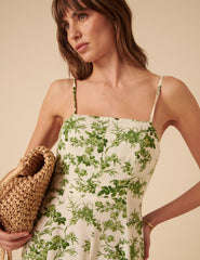 Cream Linen-blend Floral Maxine Midi Dress