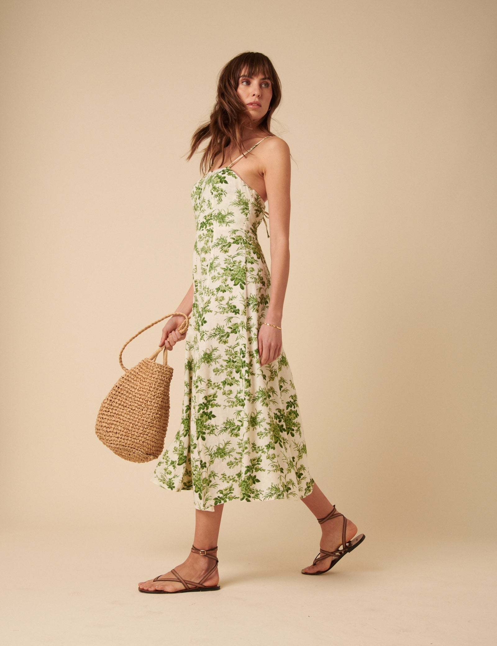 Cream Linen-blend Floral Maxine Midi Dress